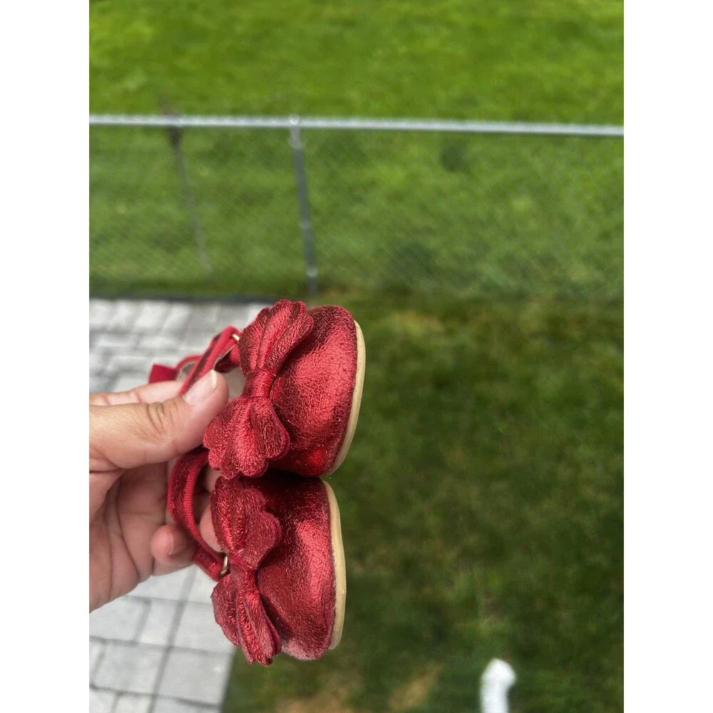 Cat & Jack Girls Size 6 Red Metallic Bow Mary Jane Flats
